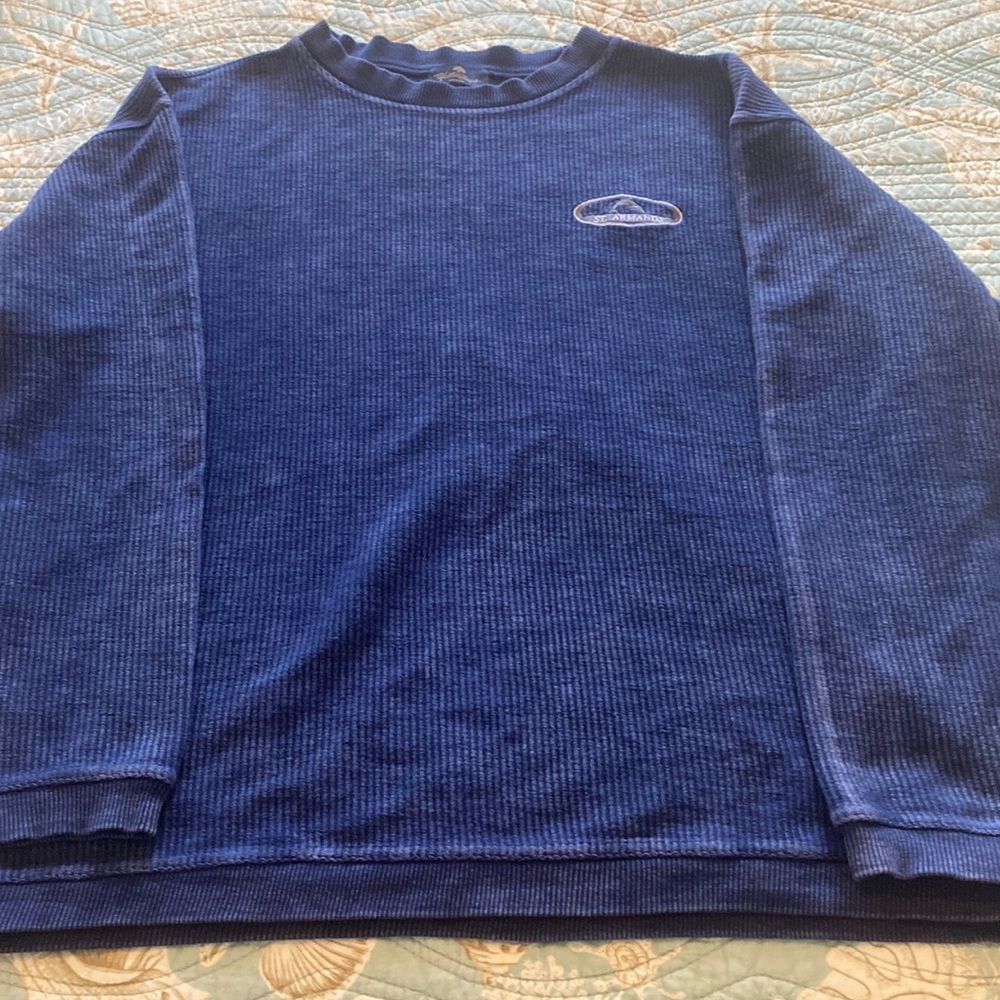 Navy cord sweatshirt with St. Armand’s logo.